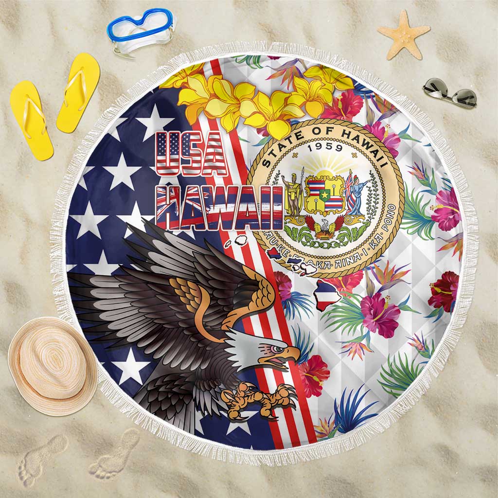 Hawaii and United States Together Beach Blanket Seal of Hawaii and Bald Eagle - Polynesian Pride