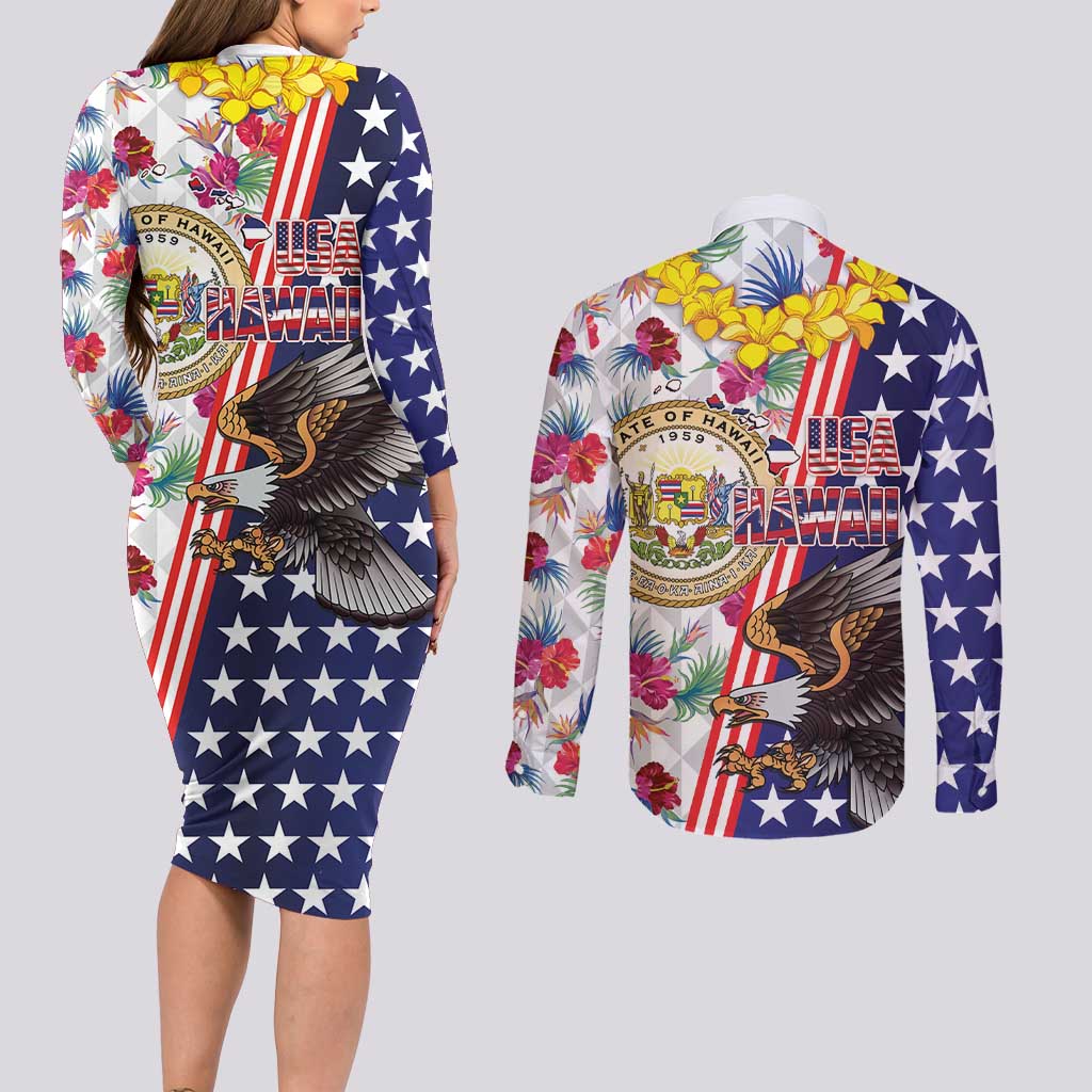 Hawaii and United States Together Couples Matching Long Sleeve Bodycon Dress and Long Sleeve Button Shirt Seal of Hawaii and Bald Eagle - Polynesian Pride