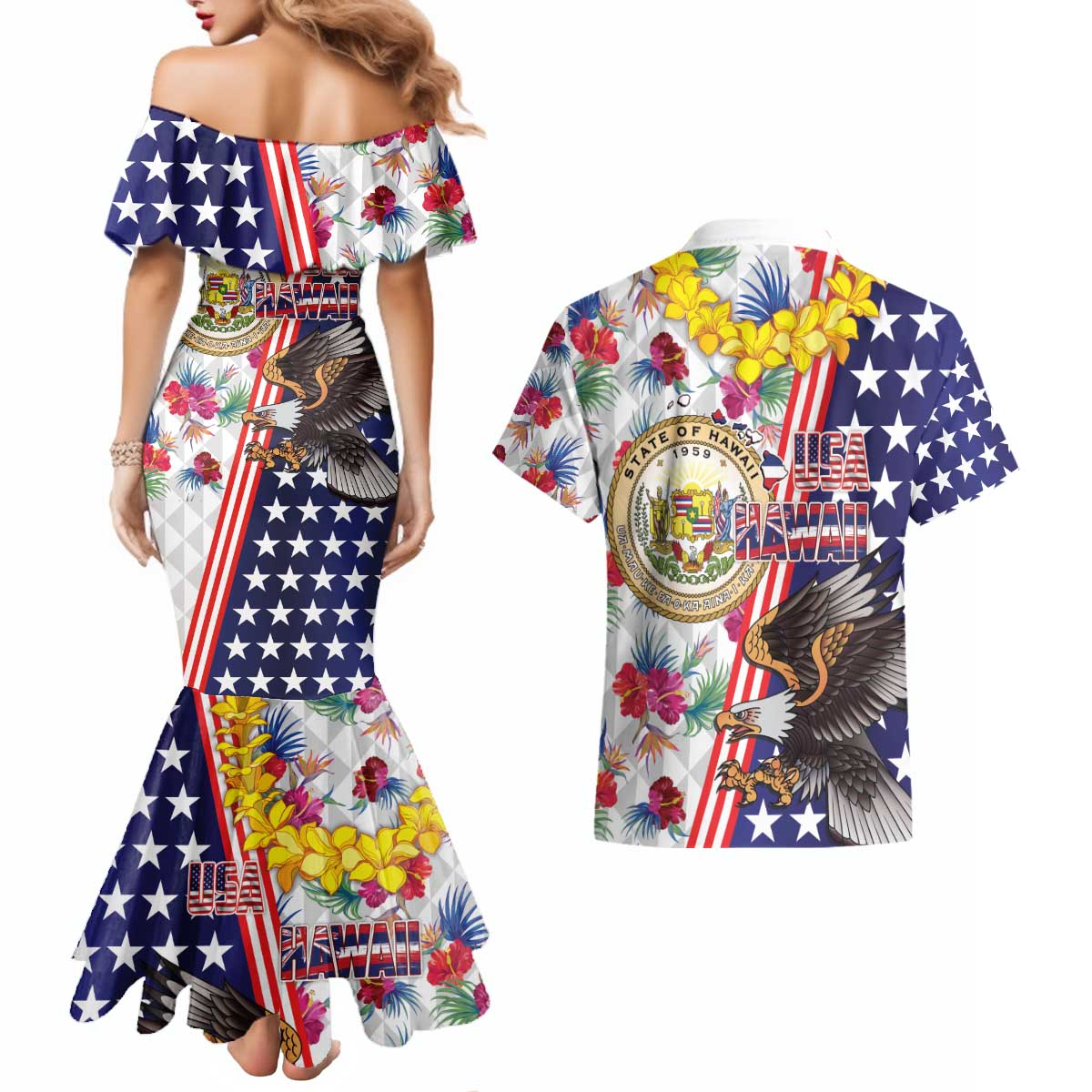 Hawaii and United States Together Couples Matching Mermaid Dress and Hawaiian Shirt Seal of Hawaii and Bald Eagle - Polynesian Pride