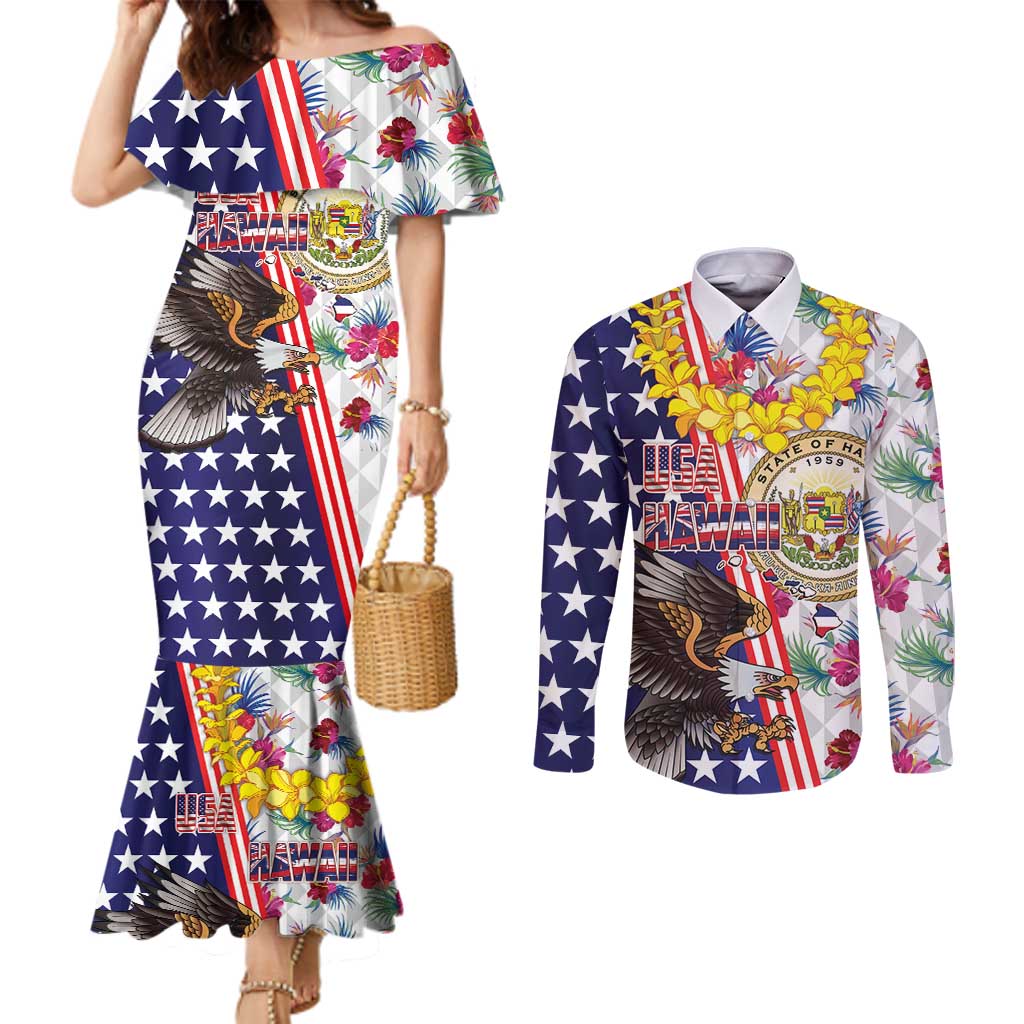 Hawaii and United States Together Couples Matching Mermaid Dress and Long Sleeve Button Shirt Seal of Hawaii and Bald Eagle - Polynesian Pride