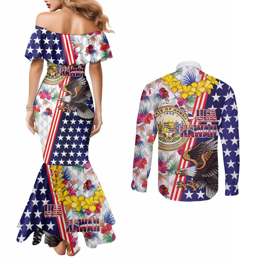Hawaii and United States Together Couples Matching Mermaid Dress and Long Sleeve Button Shirt Seal of Hawaii and Bald Eagle - Polynesian Pride
