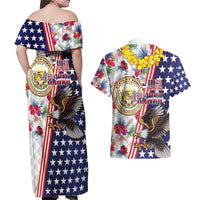 Hawaii and United States Together Couples Matching Off Shoulder Maxi Dress and Hawaiian Shirt Seal of Hawaii and Bald Eagle - Polynesian Pride