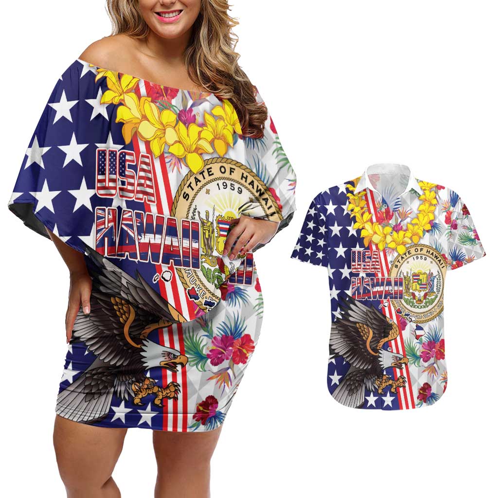 Hawaii and United States Together Couples Matching Off Shoulder Short Dress and Hawaiian Shirt Seal of Hawaii and Bald Eagle - Polynesian Pride