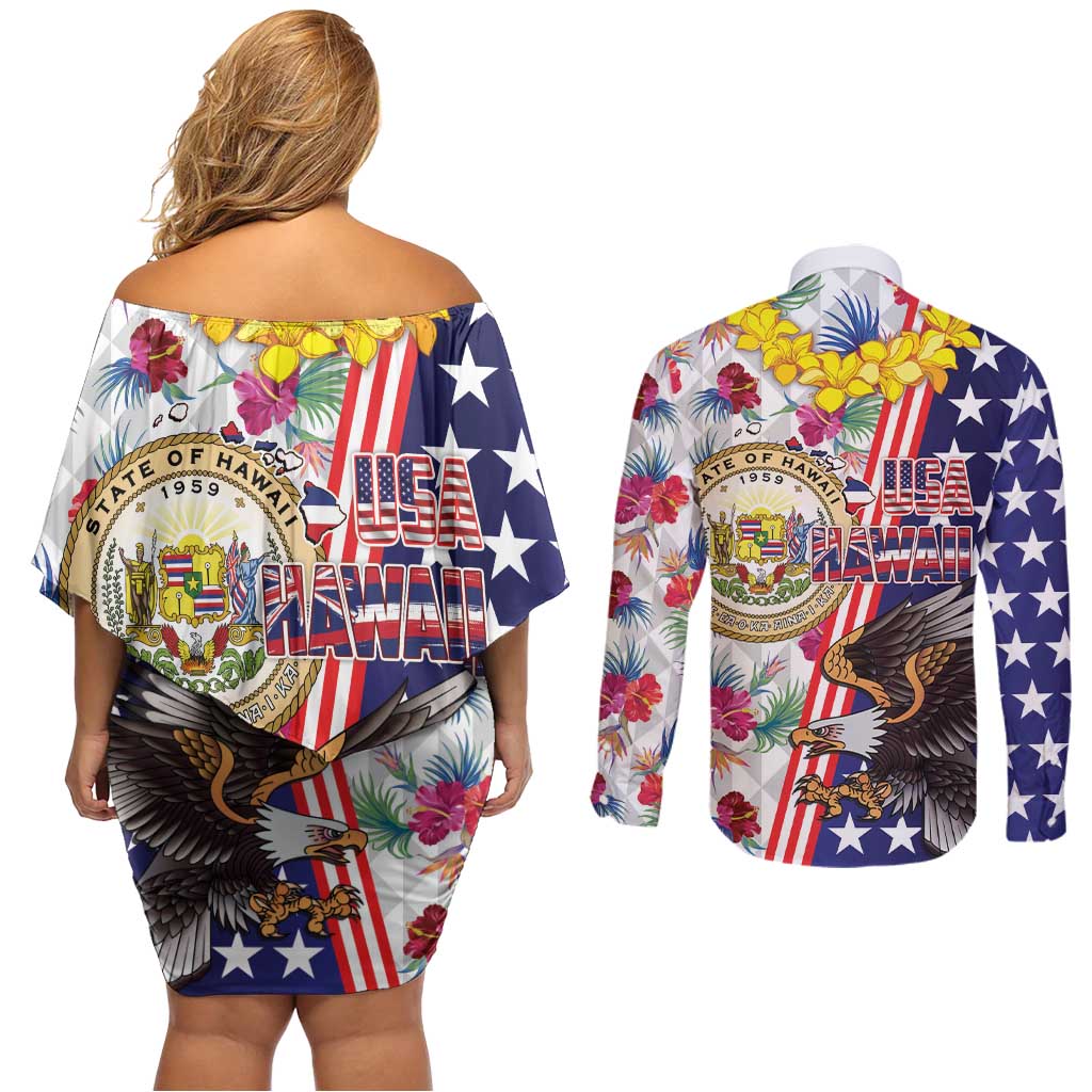 Hawaii and United States Together Couples Matching Off Shoulder Short Dress and Long Sleeve Button Shirt Seal of Hawaii and Bald Eagle - Polynesian Pride