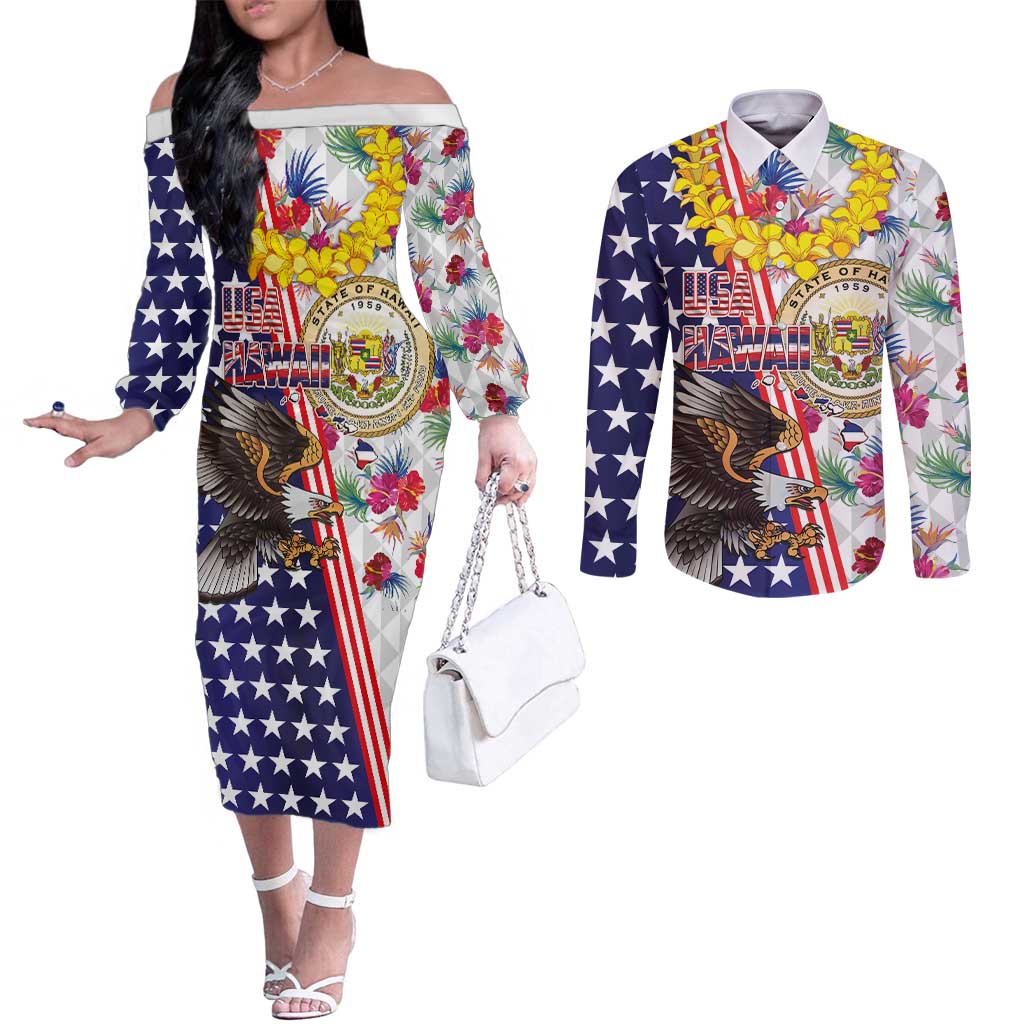 Hawaii and United States Together Couples Matching Off The Shoulder Long Sleeve Dress and Long Sleeve Button Shirt Seal of Hawaii and Bald Eagle - Polynesian Pride