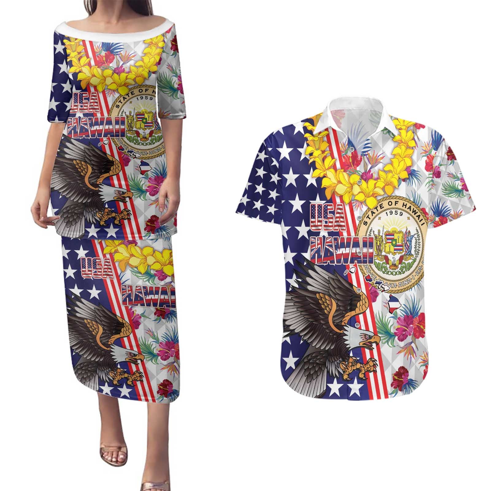 Hawaii and United States Together Couples Matching Puletasi and Hawaiian Shirt Seal of Hawaii and Bald Eagle - Polynesian Pride