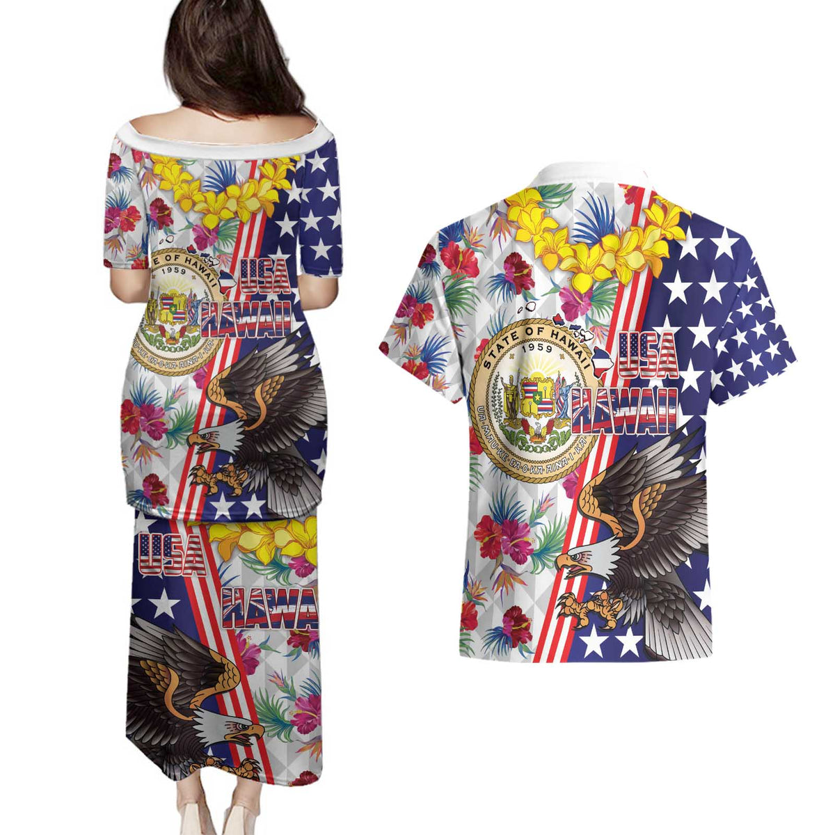 Hawaii and United States Together Couples Matching Puletasi and Hawaiian Shirt Seal of Hawaii and Bald Eagle - Polynesian Pride
