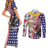 Hawaii and United States Together Couples Matching Short Sleeve Bodycon Dress and Long Sleeve Button Shirt Seal of Hawaii and Bald Eagle - Polynesian Pride