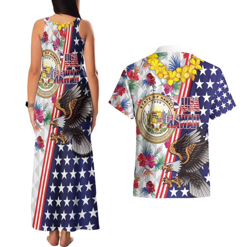 Hawaii and United States Together Couples Matching Tank Maxi Dress and Hawaiian Shirt Seal of Hawaii and Bald Eagle - Polynesian Pride