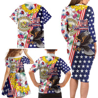 Hawaii and United States Together Family Matching Long Sleeve Bodycon Dress and Hawaiian Shirt Seal of Hawaii and Bald Eagle - Polynesian Pride
