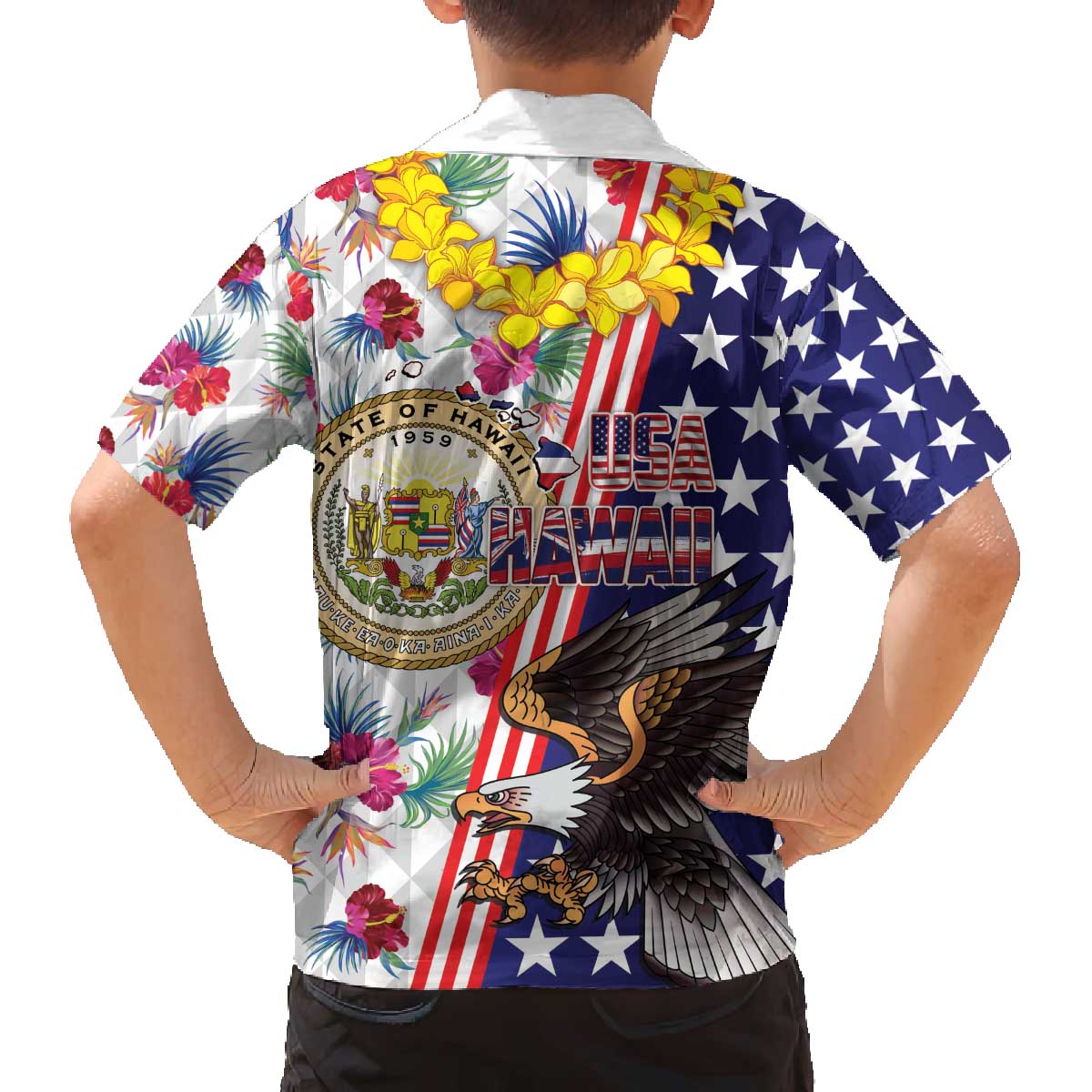 Hawaii and United States Together Family Matching Off The Shoulder Long Sleeve Dress and Hawaiian Shirt Seal of Hawaii and Bald Eagle - Polynesian Pride