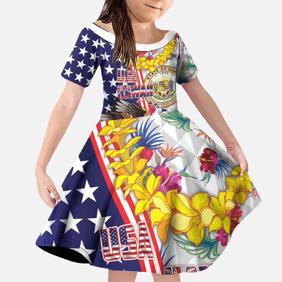 Hawaii and United States Together Family Matching Off The Shoulder Long Sleeve Dress and Hawaiian Shirt Seal of Hawaii and Bald Eagle - Polynesian Pride