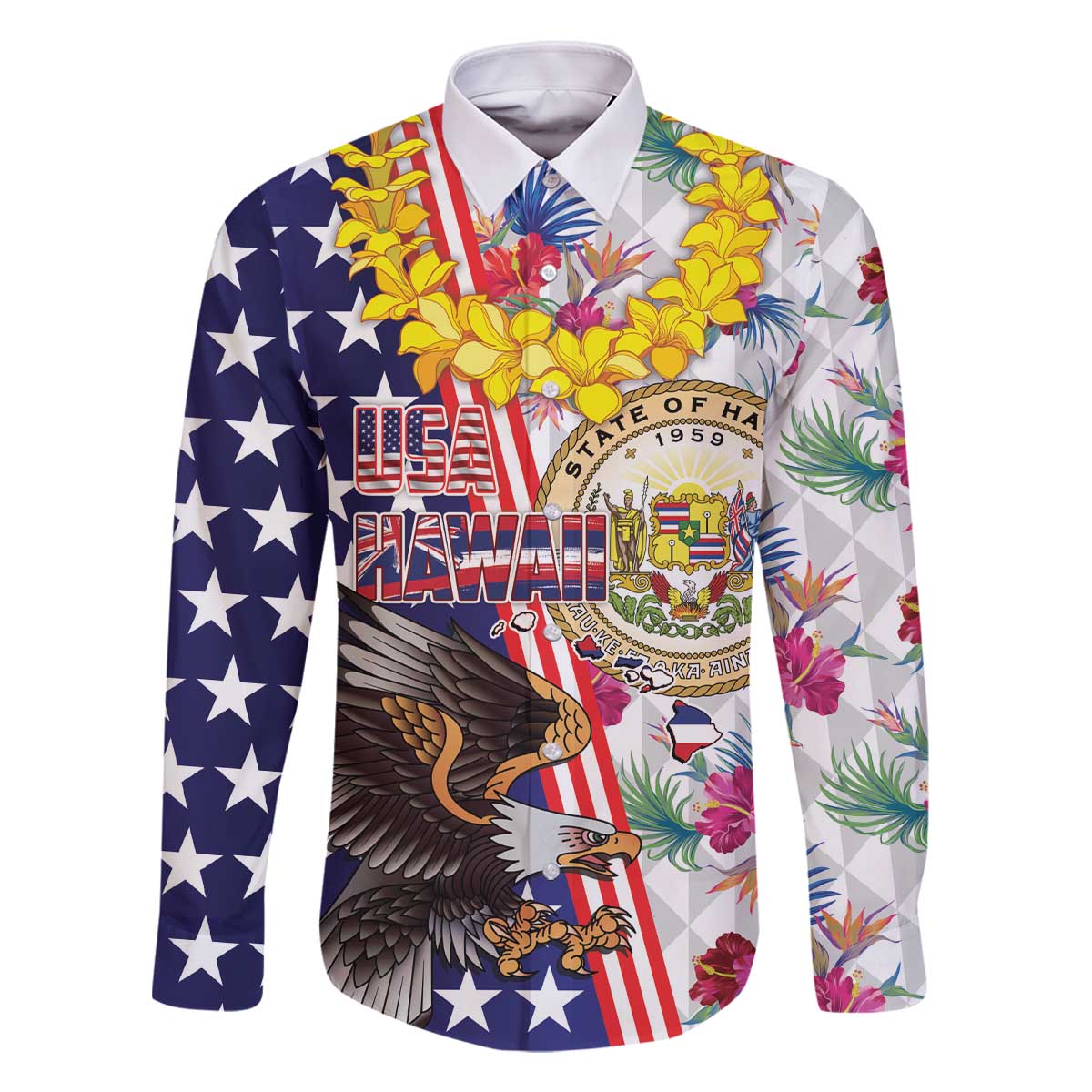 Hawaii and United States Together Family Matching Off The Shoulder Long Sleeve Dress and Hawaiian Shirt Seal of Hawaii and Bald Eagle - Polynesian Pride