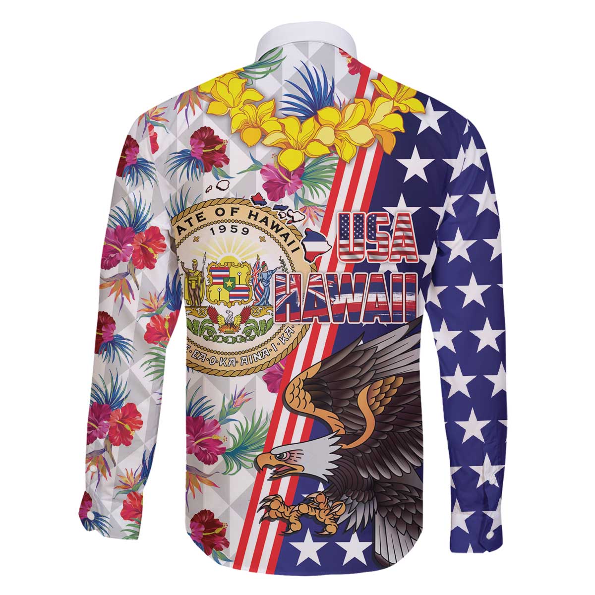 Hawaii and United States Together Family Matching Off The Shoulder Long Sleeve Dress and Hawaiian Shirt Seal of Hawaii and Bald Eagle - Polynesian Pride