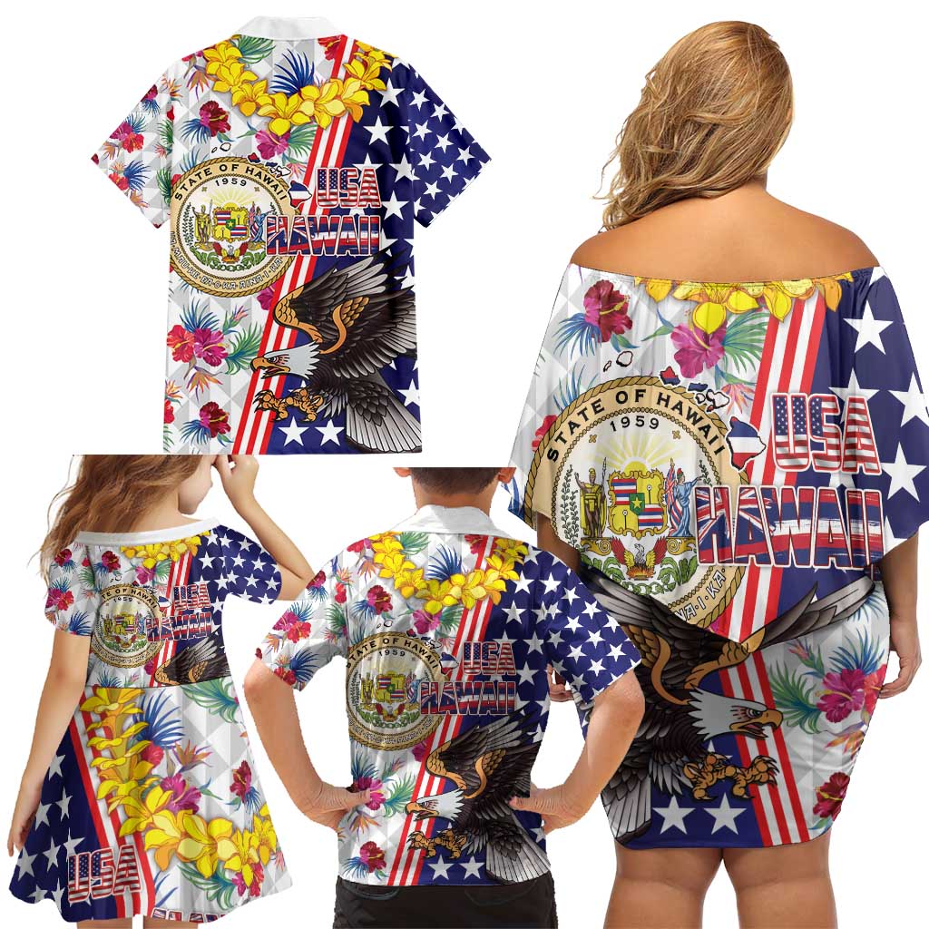 Hawaii and United States Together Family Matching Off Shoulder Short Dress and Hawaiian Shirt Seal of Hawaii and Bald Eagle - Polynesian Pride