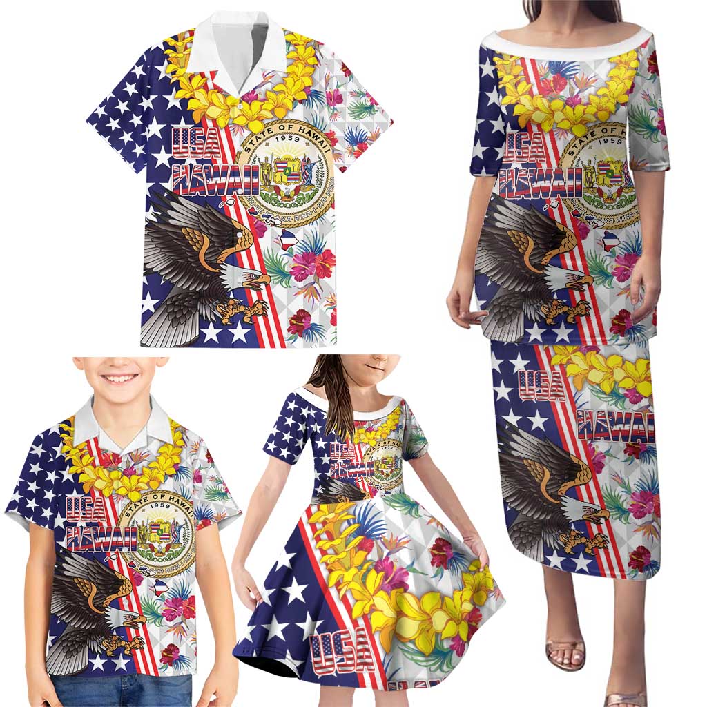 Hawaii and United States Together Family Matching Puletasi and Hawaiian Shirt Seal of Hawaii and Bald Eagle - Polynesian Pride