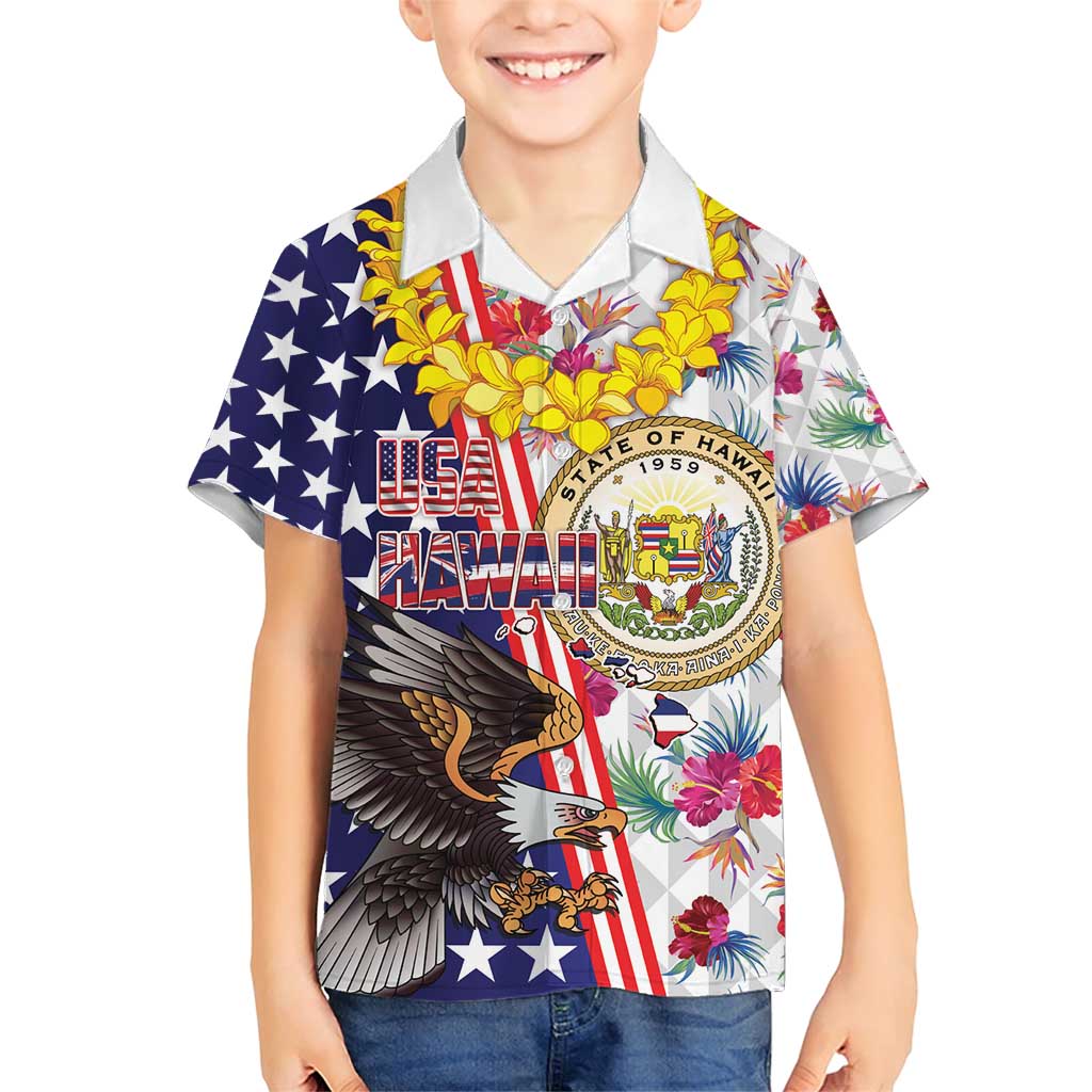Hawaii and United States Together Family Matching Short Sleeve Bodycon Dress and Hawaiian Shirt Seal of Hawaii and Bald Eagle - Polynesian Pride