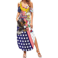 Hawaii and United States Together Family Matching Summer Maxi Dress and Hawaiian Shirt Seal of Hawaii and Bald Eagle - Polynesian Pride