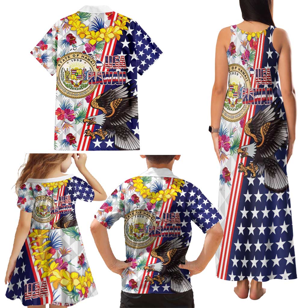 Hawaii and United States Together Family Matching Tank Maxi Dress and Hawaiian Shirt Seal of Hawaii and Bald Eagle - Polynesian Pride
