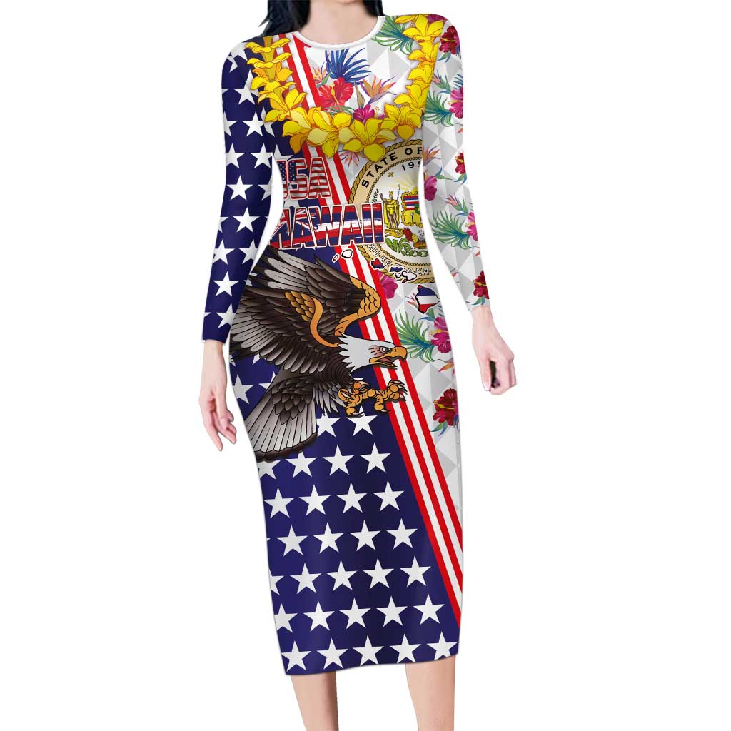 Hawaii and United States Together Long Sleeve Bodycon Dress Seal of Hawaii and Bald Eagle - Polynesian Pride