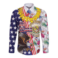 Hawaii and United States Together Long Sleeve Button Shirt Seal of Hawaii and Bald Eagle LT03 Unisex White - Polynesian Pride