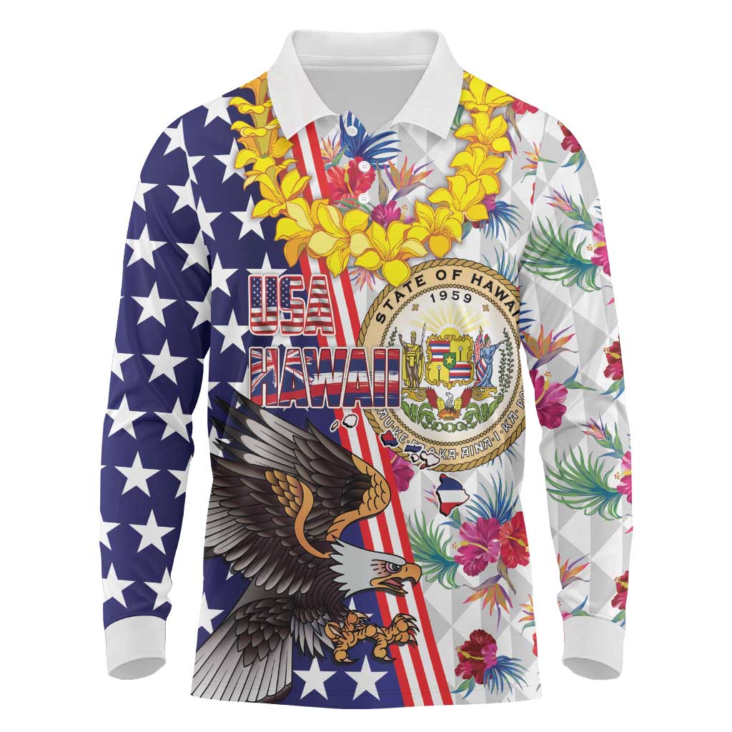 Hawaii and United States Together Long Sleeve Polo Shirt Seal of Hawaii and Bald Eagle - Polynesian Pride