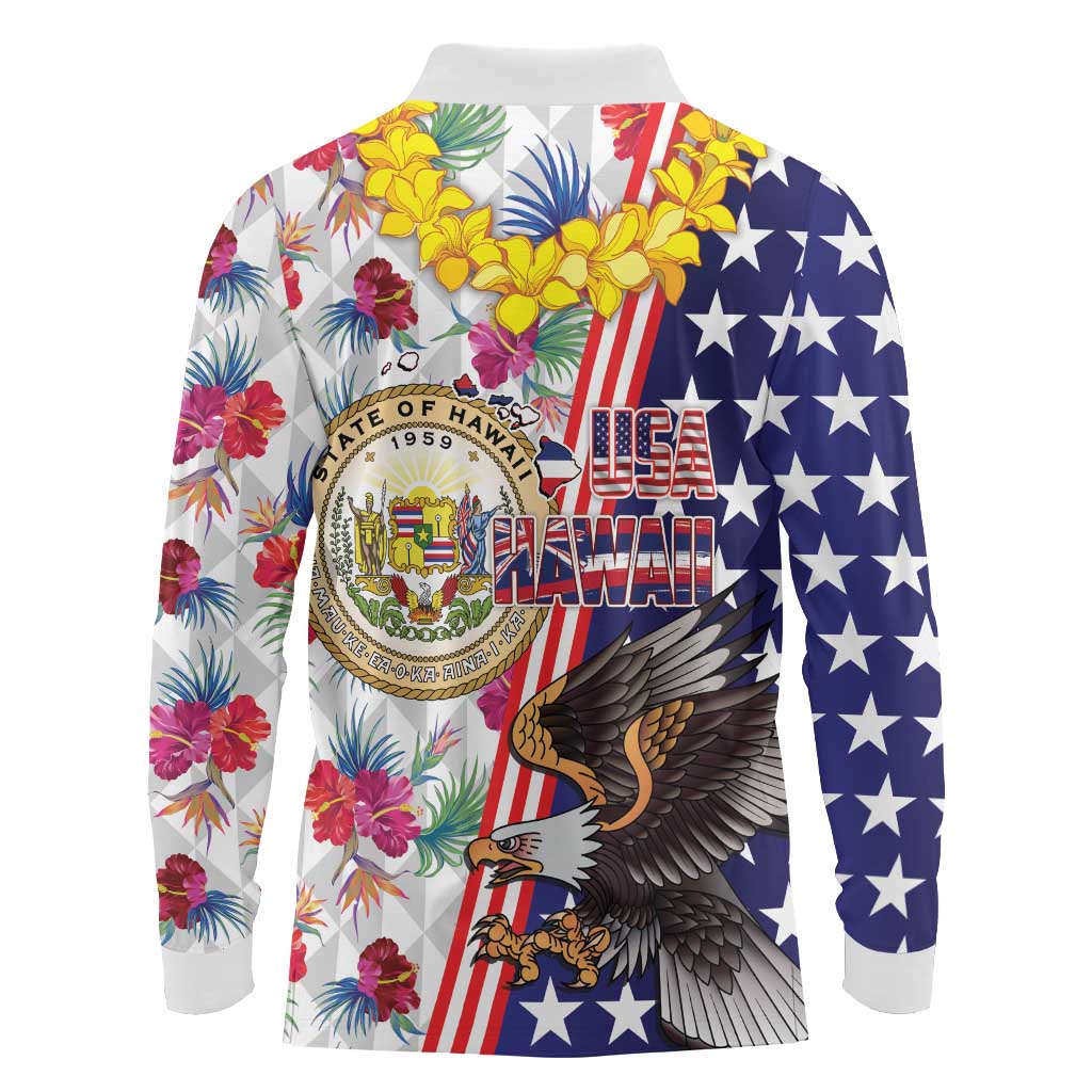Hawaii and United States Together Long Sleeve Polo Shirt Seal of Hawaii and Bald Eagle - Polynesian Pride