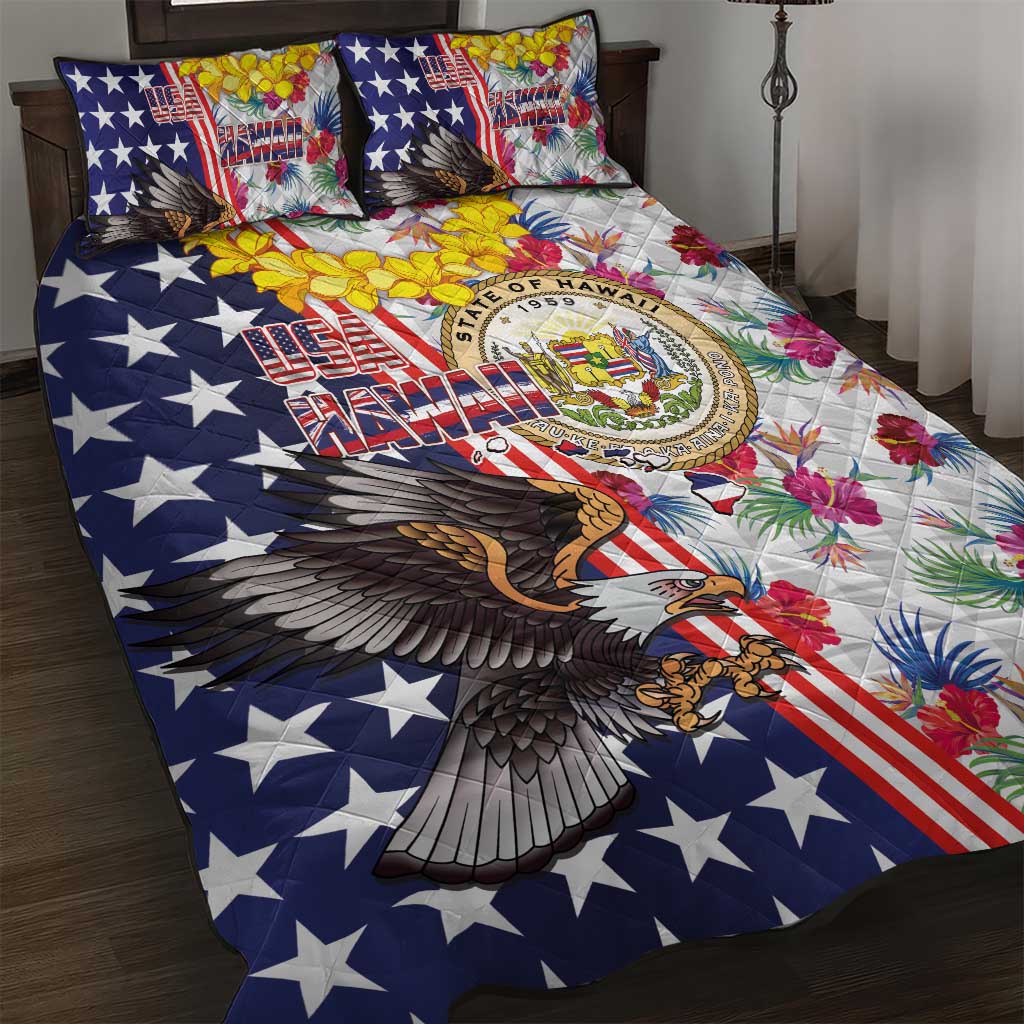 Hawaii and United States Together Quilt Bed Set Seal of Hawaii and Bald Eagle LT03 White - Polynesian Pride