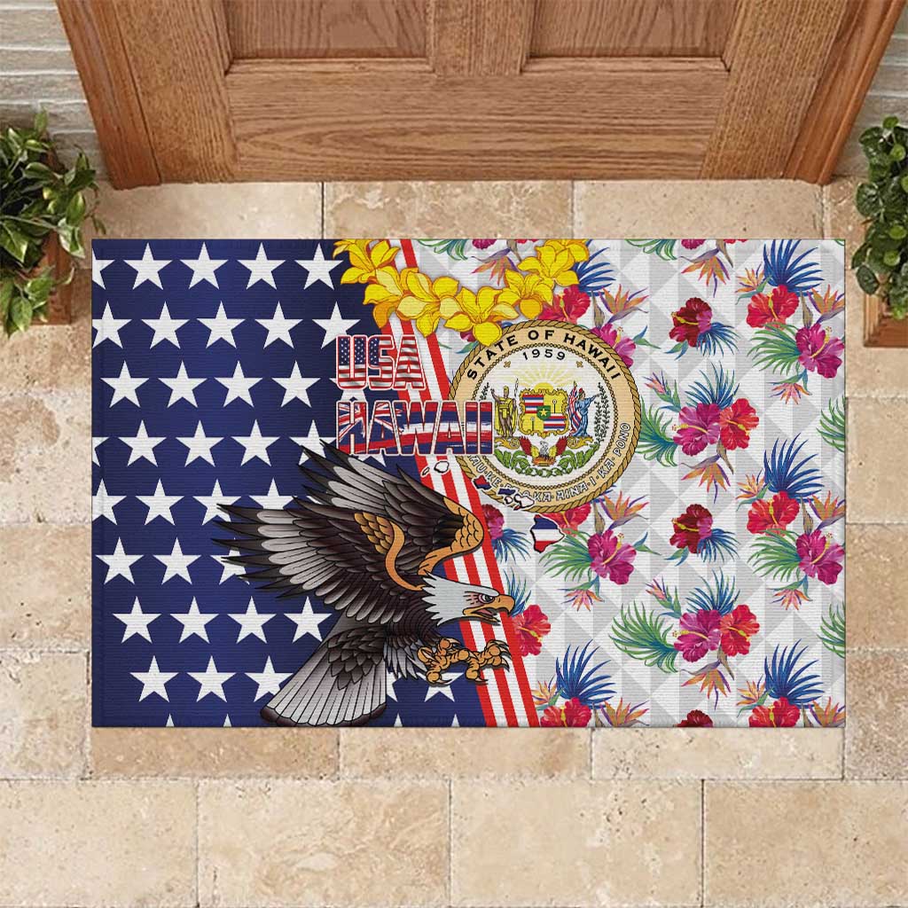 Hawaii and United States Together Rubber Doormat Seal of Hawaii and Bald Eagle LT03 White - Polynesian Pride