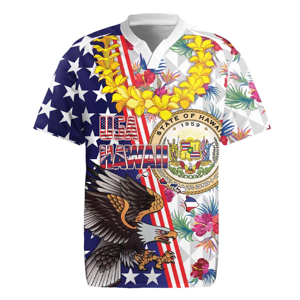 Hawaii and United States Together Rugby Jersey Seal of Hawaii and Bald Eagle LT03 White - Polynesian Pride