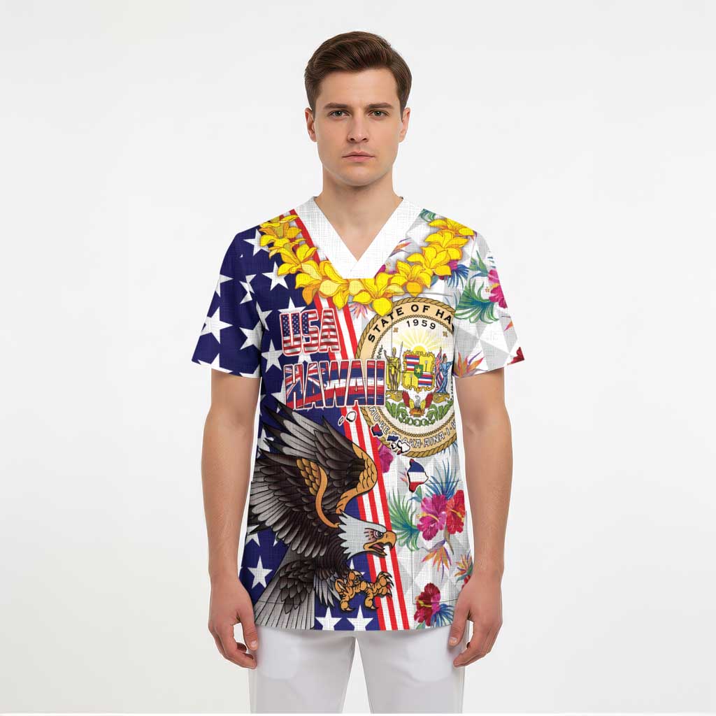 Hawaii and United States Together Scrub Top Seal of Hawaii and Bald Eagle - Polynesian Pride