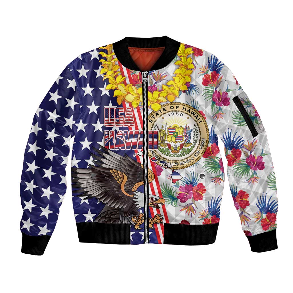 Hawaii and United States Together Sleeve Zip Bomber Jacket Seal of Hawaii and Bald Eagle - Polynesian Pride