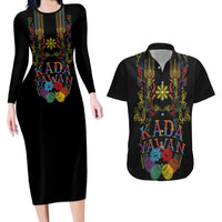 Philippines Kadayawan Festival Couples Matching Long Sleeve Bodycon Dress and Hawaiian Shirt Polynesian Tribal Art Barong Style LT03 Black - Polynesian Pride