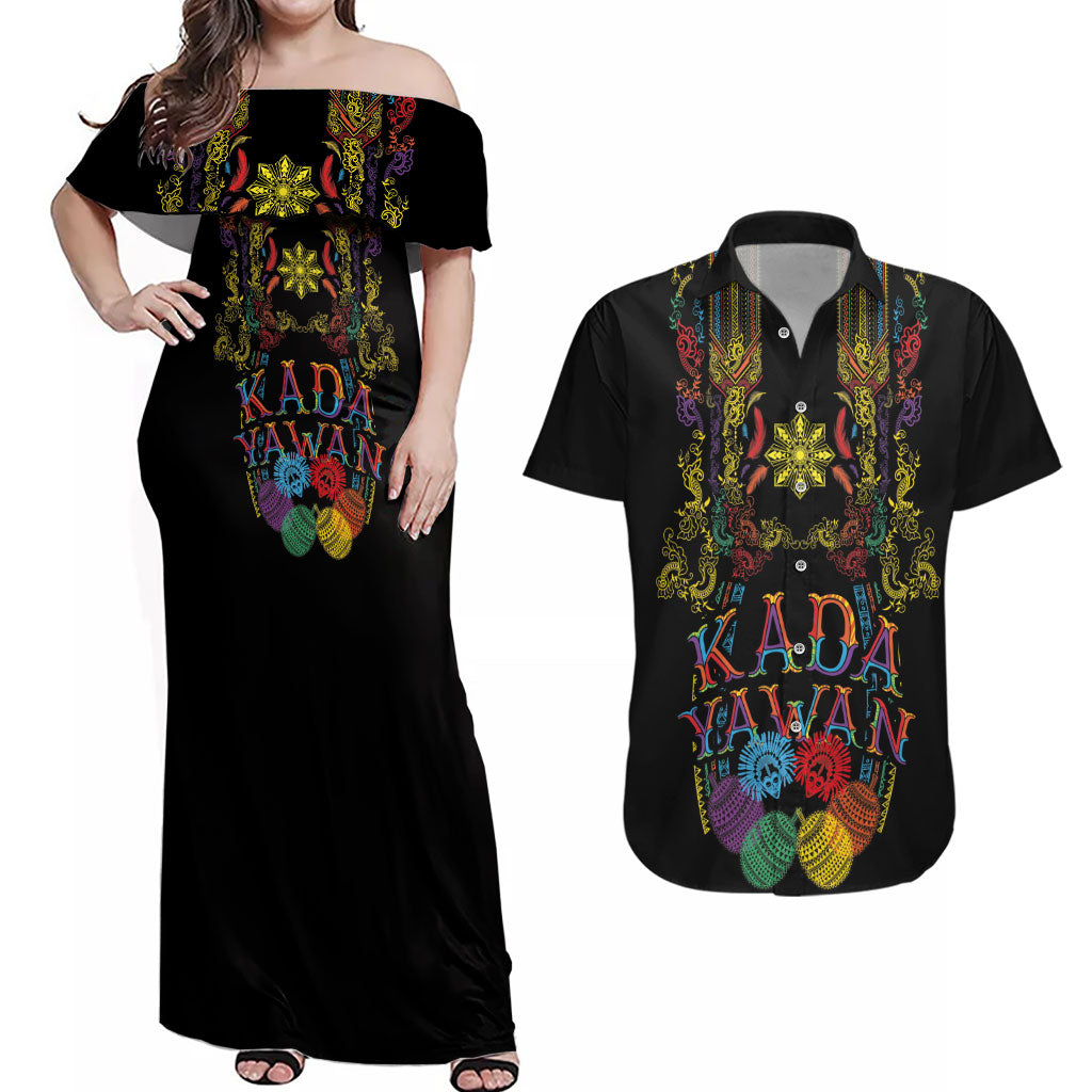 Philippines Kadayawan Festival Couples Matching Off Shoulder Maxi Dress and Hawaiian Shirt Polynesian Tribal Art Barong Style LT03 Black - Polynesian Pride