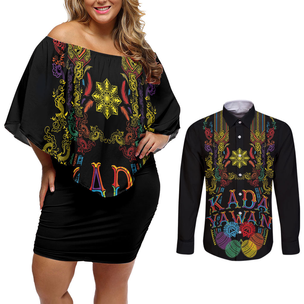Philippines Kadayawan Festival Couples Matching Off Shoulder Short Dress and Long Sleeve Button Shirt Polynesian Tribal Art Barong Style LT03 Black - Polynesian Pride