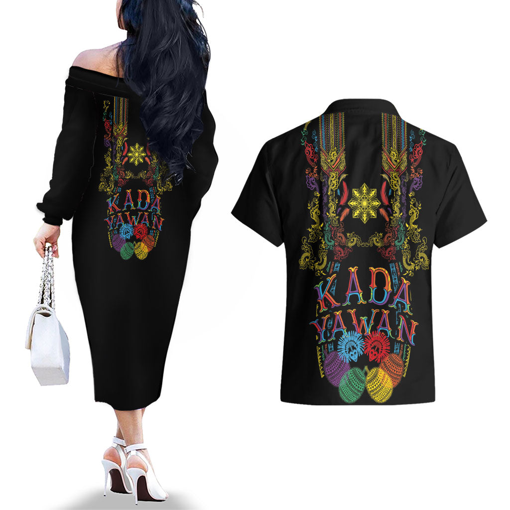 Philippines Kadayawan Festival Couples Matching Off The Shoulder Long Sleeve Dress and Hawaiian Shirt Polynesian Tribal Art Barong Style LT03 - Polynesian Pride