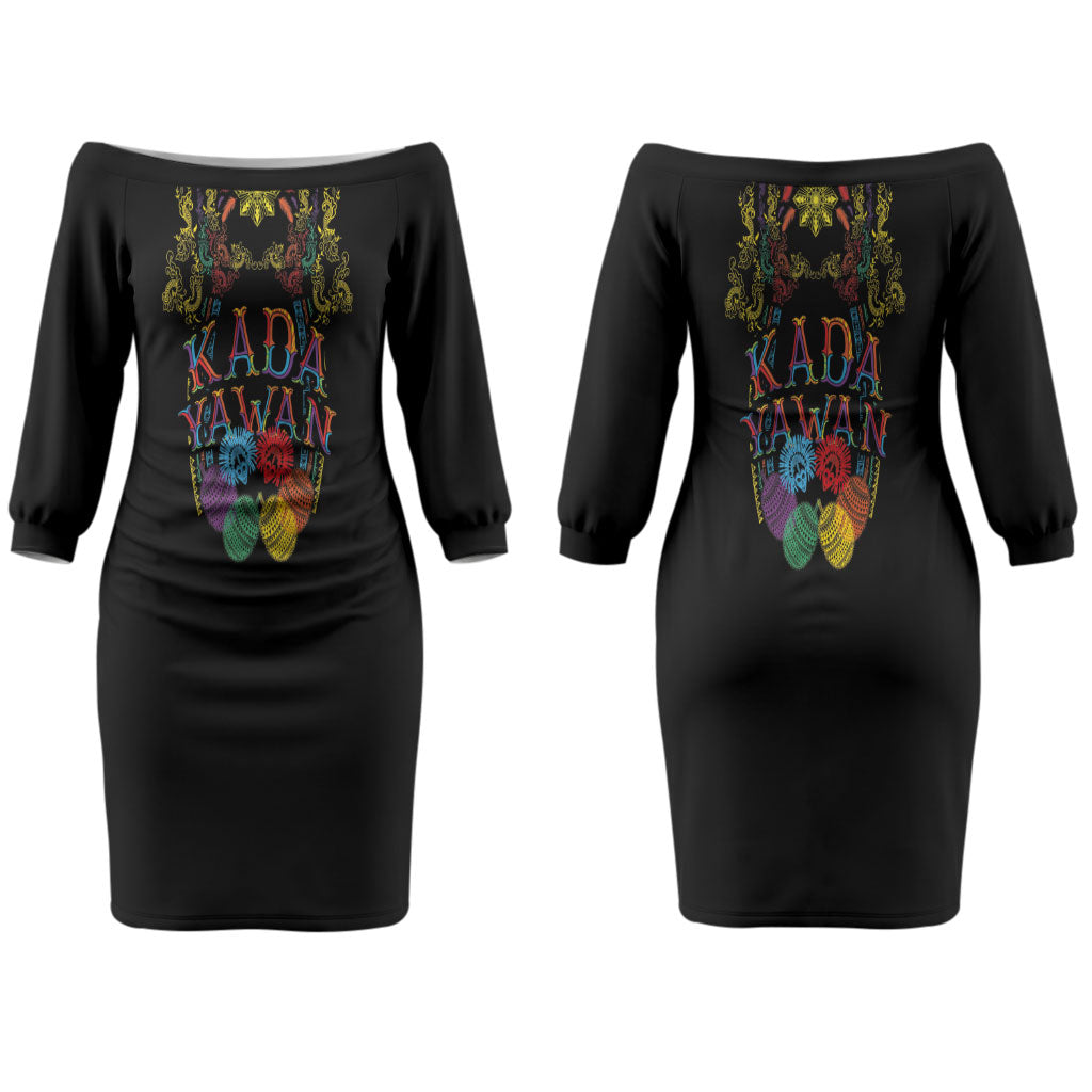 Philippines Kadayawan Festival Couples Matching Off The Shoulder Long Sleeve Dress and Long Sleeve Button Shirt Polynesian Tribal Art Barong Style LT03 - Polynesian Pride