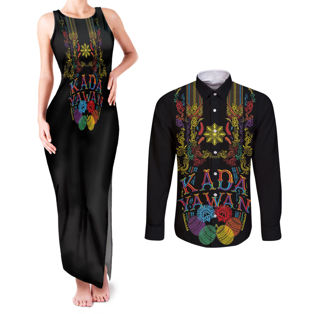 Philippines Kadayawan Festival Couples Matching Tank Maxi Dress and Long Sleeve Button Shirt Polynesian Tribal Art Barong Style LT03 Black - Polynesian Pride