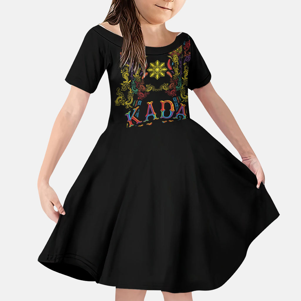 Philippines Kadayawan Festival Family Matching Off The Shoulder Long Sleeve Dress and Hawaiian Shirt Polynesian Tribal Art Barong Style LT03 Daughter's Dress Black - Polynesian Pride