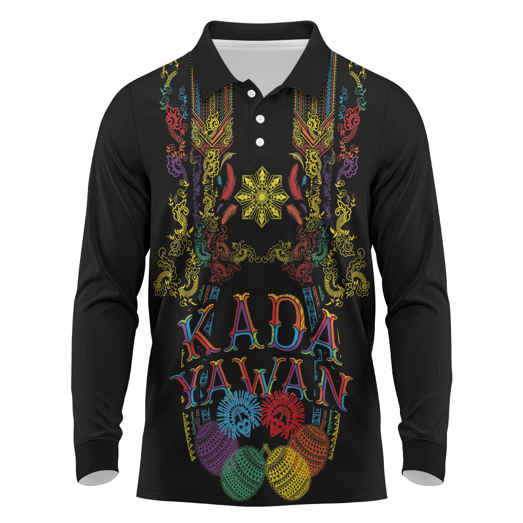 Philippines Kadayawan Festival Long Sleeve Polo Shirt Polynesian Tribal Art Barong Style LT03 Black - Polynesian Pride
