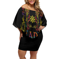 Philippines Kadayawan Festival Off Shoulder Short Dress Polynesian Tribal Art Barong Style LT03 Women Black - Polynesian Pride