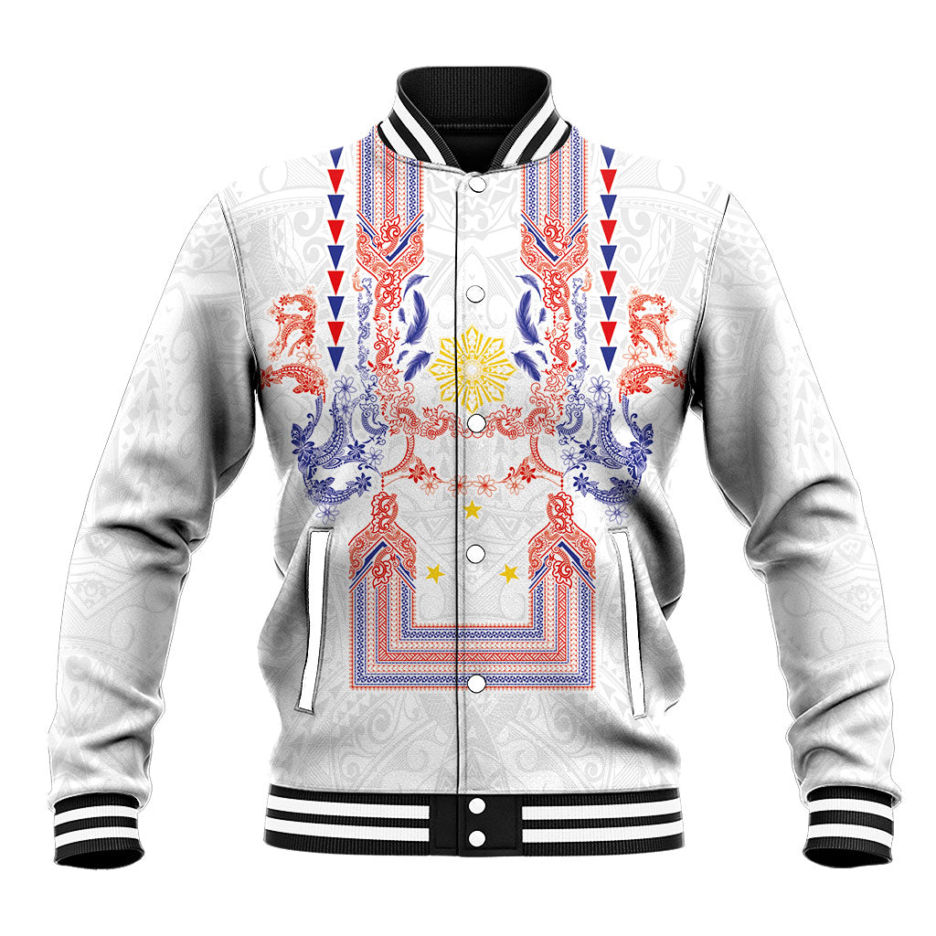 Philippines Barong Style Baseball Jacket Polynesian Kakau Art Tattoos with Tribal Filipino Sun LT03 Unisex White - Polynesian Pride
