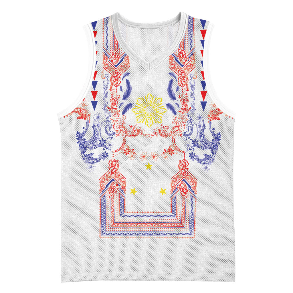Philippines Barong Style Basketball Jersey Polynesian Kakau Art Tattoos with Tribal Filipino Sun LT03 Unisex White - Polynesian Pride