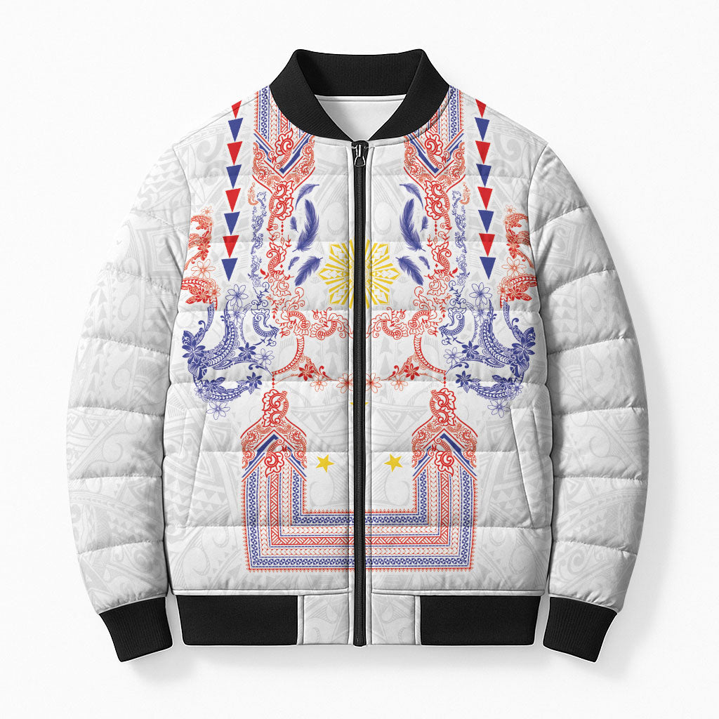 Philippines Barong Style Bomber Puffer Jacket Polynesian Kakau Art Tattoos with Tribal Filipino Sun LT03 Unisex White - Polynesian Pride