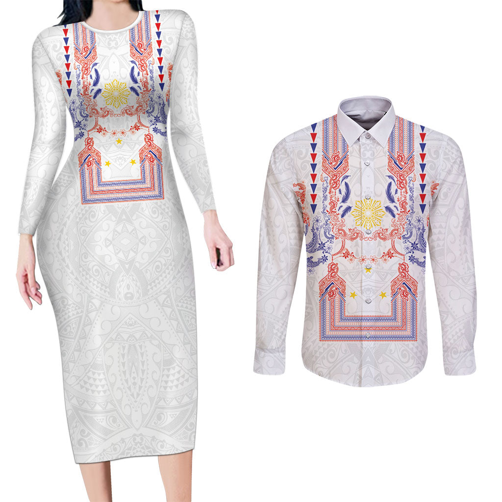 Philippines Barong Style Couples Matching Long Sleeve Bodycon Dress and Long Sleeve Button Shirt Polynesian Kakau Art Tattoos with Tribal Filipino Sun LT03 White - Polynesian Pride