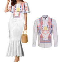 Philippines Barong Style Couples Matching Mermaid Dress and Long Sleeve Button Shirt Polynesian Kakau Art Tattoos with Tribal Filipino Sun LT03 White - Polynesian Pride