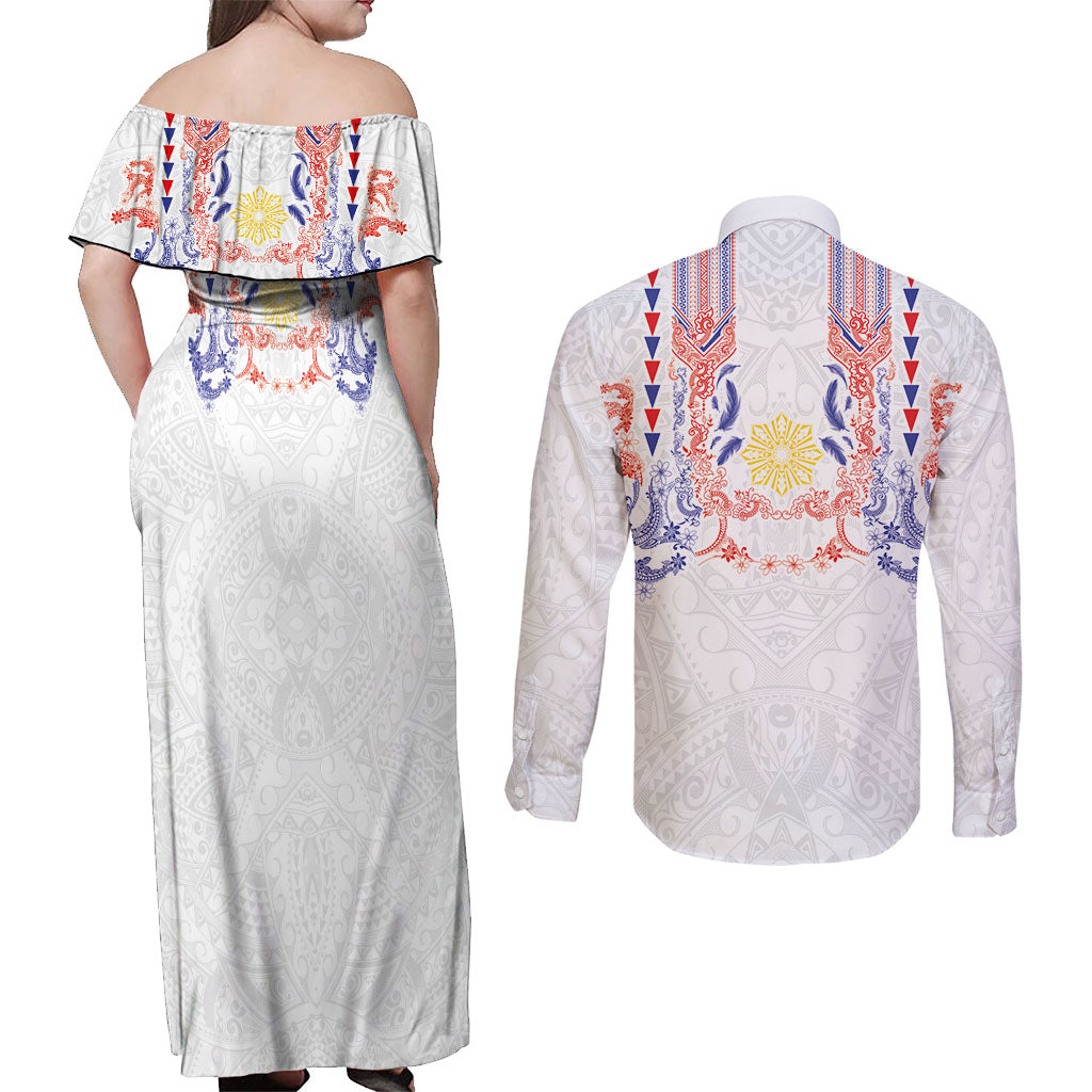 Philippines Barong Style Couples Matching Off Shoulder Maxi Dress and Long Sleeve Button Shirt Polynesian Kakau Art Tattoos with Tribal Filipino Sun LT03 - Polynesian Pride