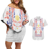 Philippines Barong Style Couples Matching Off Shoulder Short Dress and Hawaiian Shirt Polynesian Kakau Art Tattoos with Tribal Filipino Sun LT03 White - Polynesian Pride