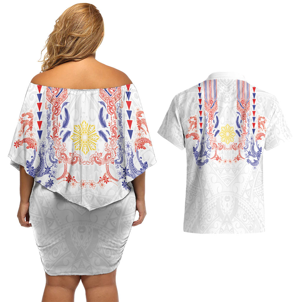 Philippines Barong Style Couples Matching Off Shoulder Short Dress and Hawaiian Shirt Polynesian Kakau Art Tattoos with Tribal Filipino Sun LT03 - Polynesian Pride