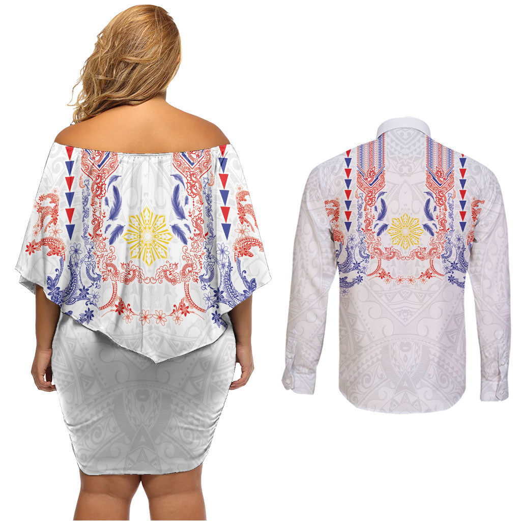 Philippines Barong Style Couples Matching Off Shoulder Short Dress and Long Sleeve Button Shirt Polynesian Kakau Art Tattoos with Tribal Filipino Sun LT03 - Polynesian Pride